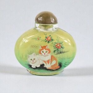 Chinese Reverse Hand Painted Cats Glass Snuff Perfume Bottle Kittens Vtg 3"‎